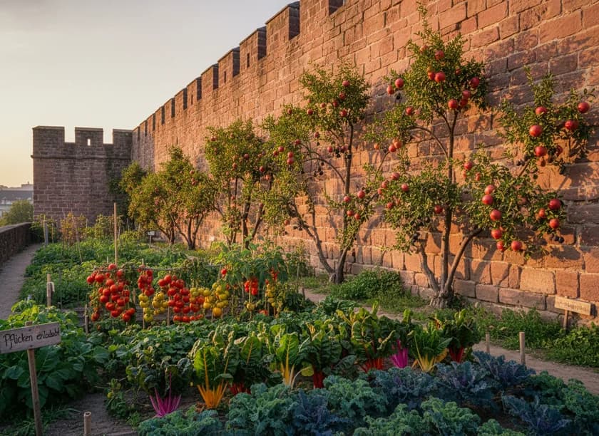 Spalierobst entlang einer historischen Stadtmauer — Granatapfel und Feige im öffentlichen Raum, frei zum Pflücken